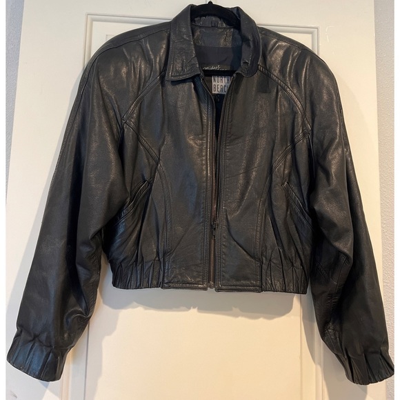 Vintage MICHAEL HOBAN NORTH BEACH BLACK LEATHER CROP JACKET - SIZE 7/8 - Picture 2 of 8